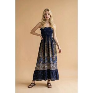 💛One Size Plus Blue Floral Print Sleeveless Maxi Dress One Size